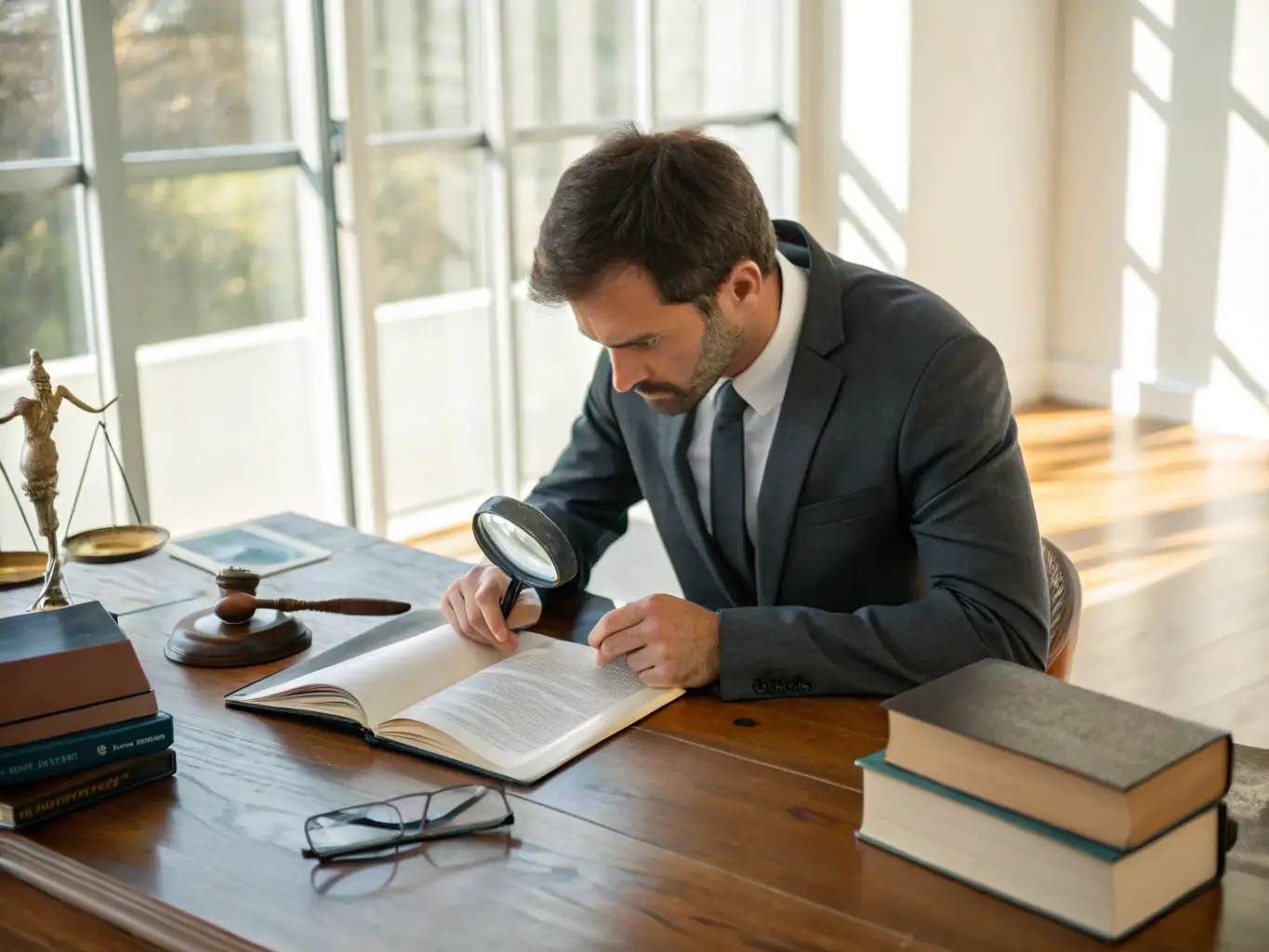 A professional real estate agent is reviewing a complex title report with a magnifying glass, highlighting the detailed analysis required to identify title defects and potential issues.