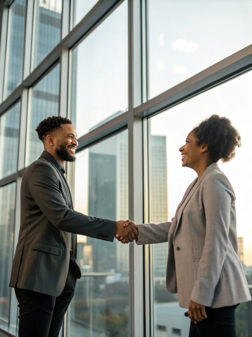 An image of a handshake over a contract with a cityscape background, representing successful deal closure in the context of American Home Advisors' Challenging Transaction Solutions service.