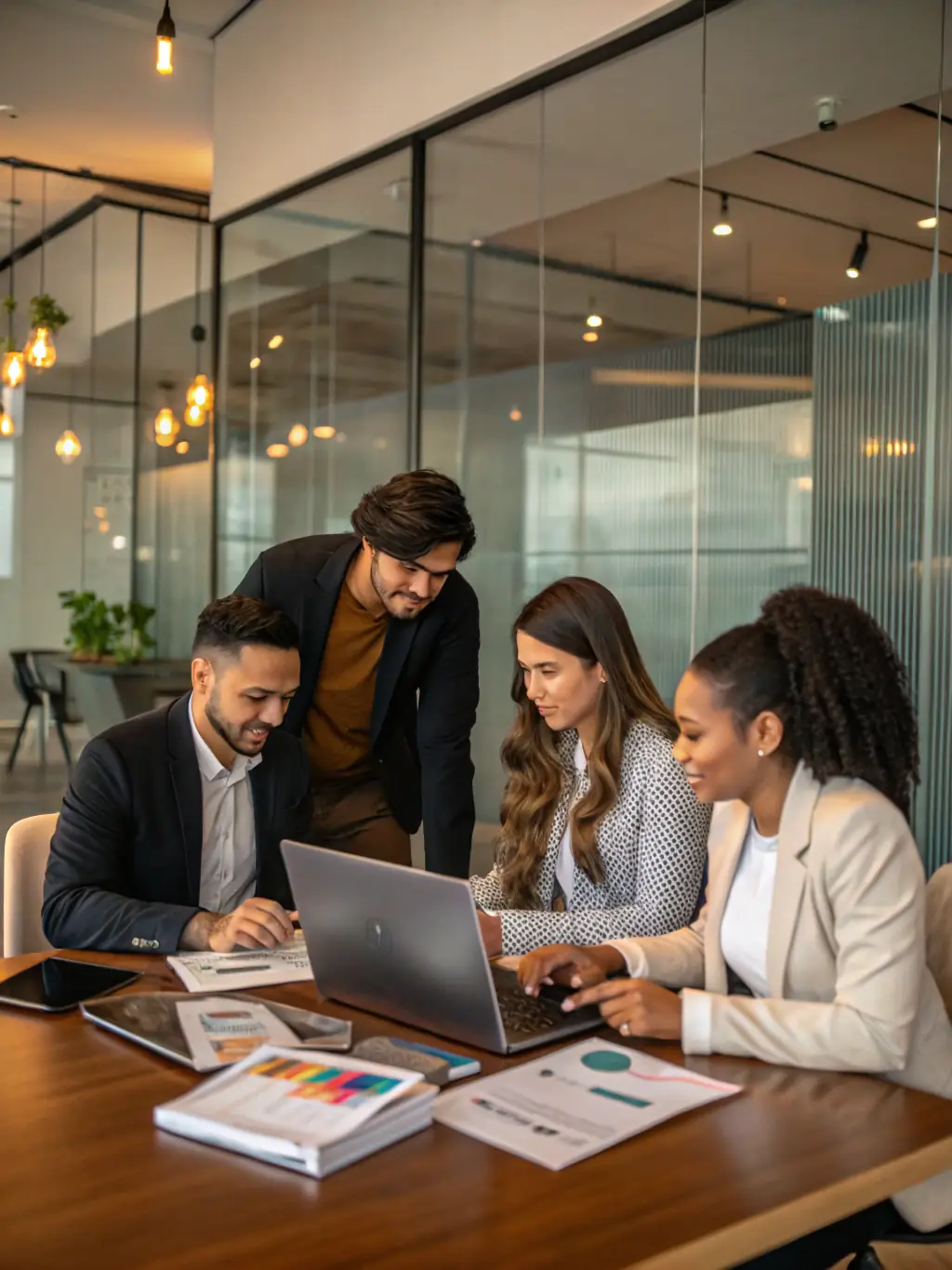 An image depicting a diverse team collaborating on property documents, symbolizing the comprehensive support provided by American Home Advisors.