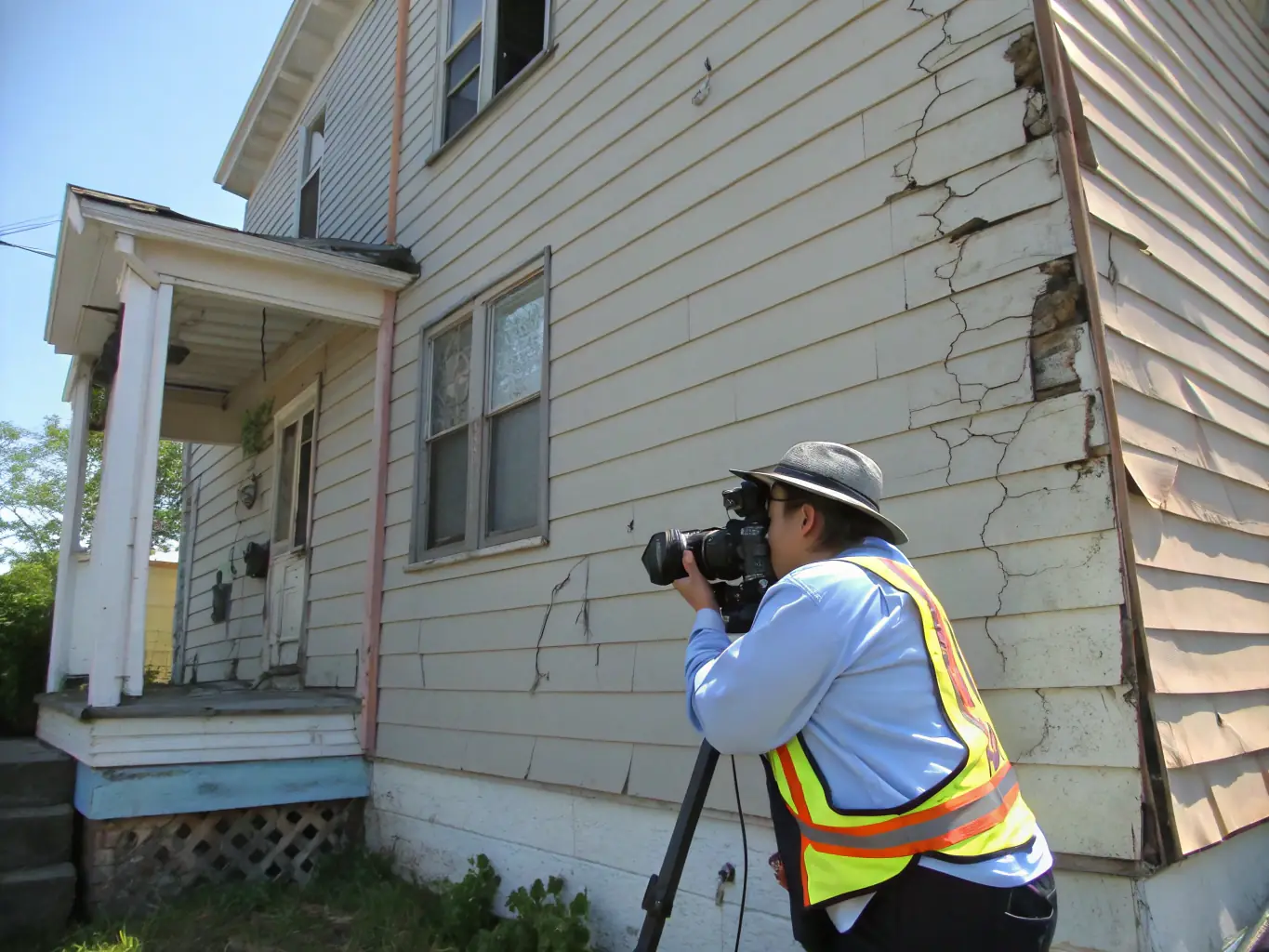 A construction worker is inspecting a distressed property, showcasing the tailored solutions provided for complex and challenging real estate transactions.