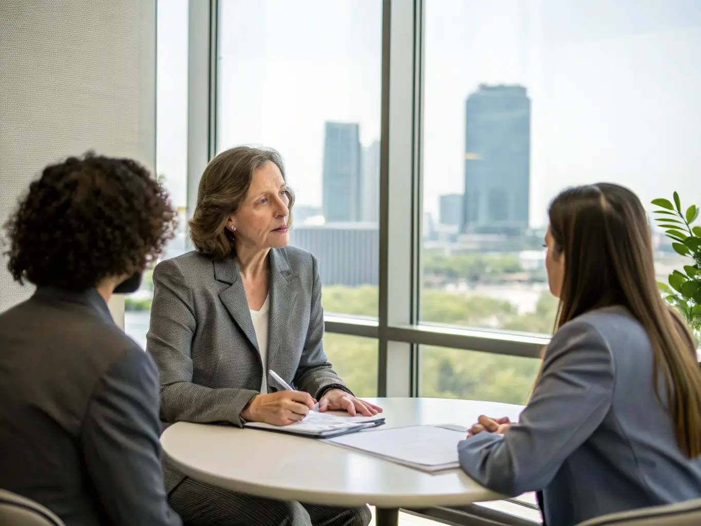 A mediator is facilitating a discussion between two parties in a property dispute, emphasizing the negotiation and legal expertise required to resolve ownership conflicts.
