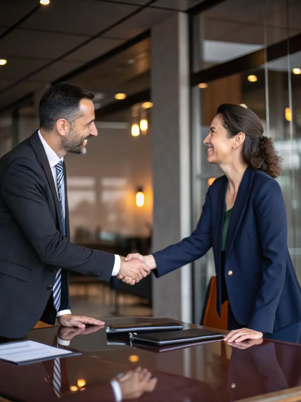 An image of two individuals shaking hands over a property deed, symbolizing resolution and agreement in the context of American Home Advisors' Ownership Dispute Resolution service.